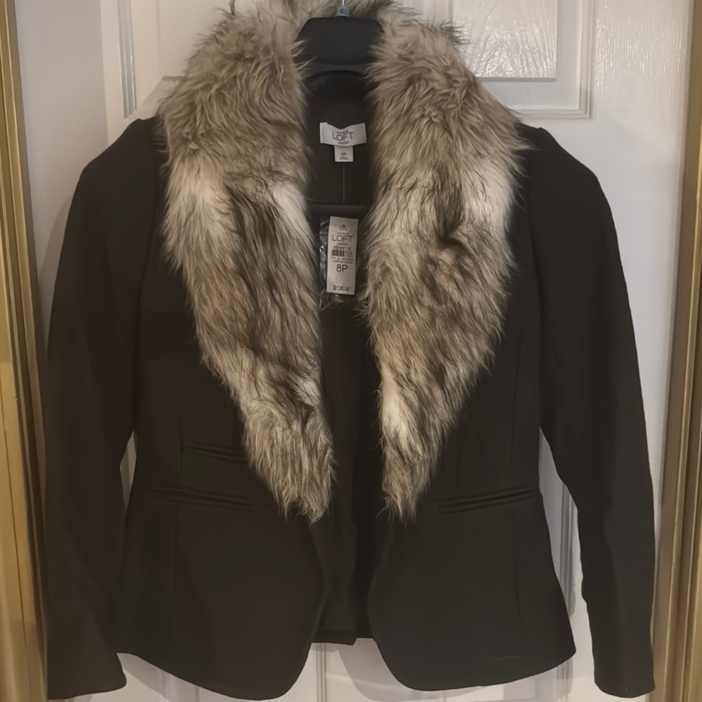 LOFT Army Green Blazer with Faux Fur Collar